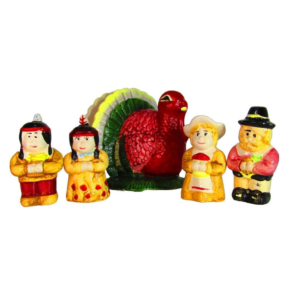 Vintage Thanksgiving Table Set Salt & Pepper Pilgrims Native American Turkey